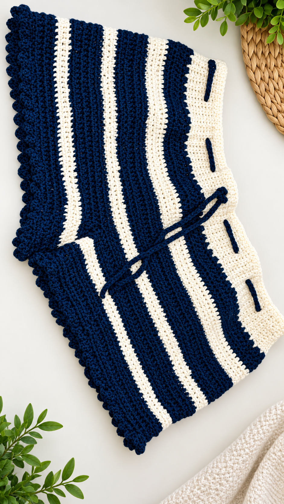 Navy and cream striped hand-crocheted top with tie waist