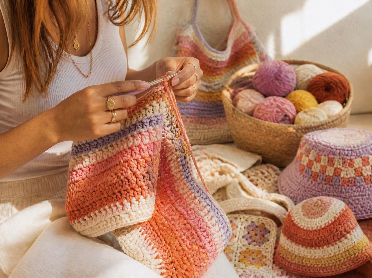 Hands crocheting a colourful top surrounded by yarn and bucket hats